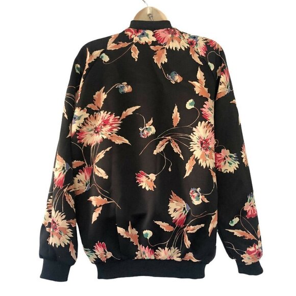 Chaps Black Floral Snap Front Satin Bomber Jacket - Picture 4 of 9